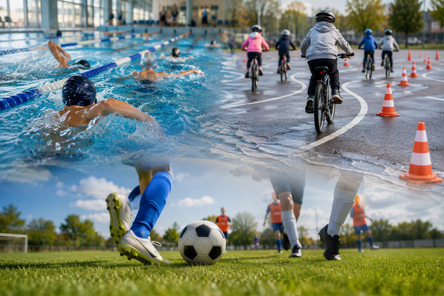 Eine Bildmontage zeigt drei sportliche Aktivitäten von Kindern und Jugendlichen: Schwimmtraining in einem Hallenbad, Fahrradtraining auf einem Parcours mit Markierungshütchen sowie Fußballtraining auf einem Rasenplatz. Die Szenen gehen fließend ineinander über und stehen symbolisch für Bewegungs- und Sportförderung.