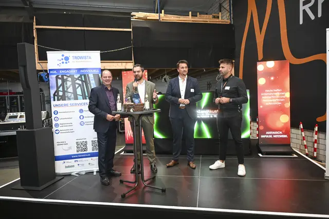 Podium beim Unternehmerfrühstück der RheinlandAkustik VT GmbH (von links): Christian Seigerschmidt, Alexander Miller, Alexander Biber und Hendrik Brock. | Foto:  Carsten Seim/pro Troisdorf 
