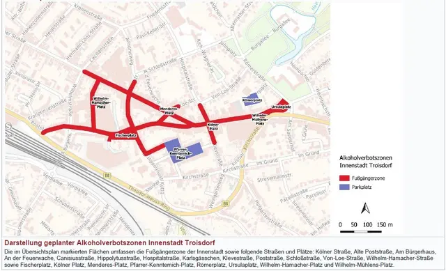 Die Darstellung zeigt die geplanten Alkoholverbotszonen in der Troisdorfer Innenstadt. 
 | Foto: Bürgerinitiative