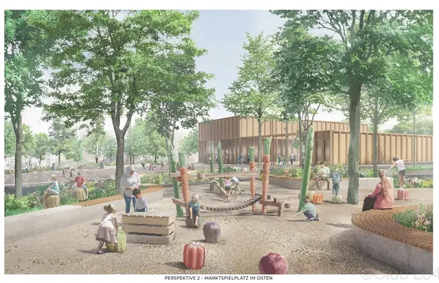 So könnte der Marktplatz künftig aussehen: Neben der neuen multifunktionalen Halle sind auch Grünflächen, Aufenthaltsbereiche und ein Spielplatz geplant | Foto: Marktstadt Waldbröl