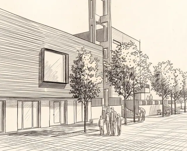So soll der Kirchort Heilig Geist künftig aussehen: Die Perspektivzeichnung zeigt den geplanten Neubau der Kita Himmelszelt neben dem bestehenden Glockenturm. Visualisierung: Duda Architekten 